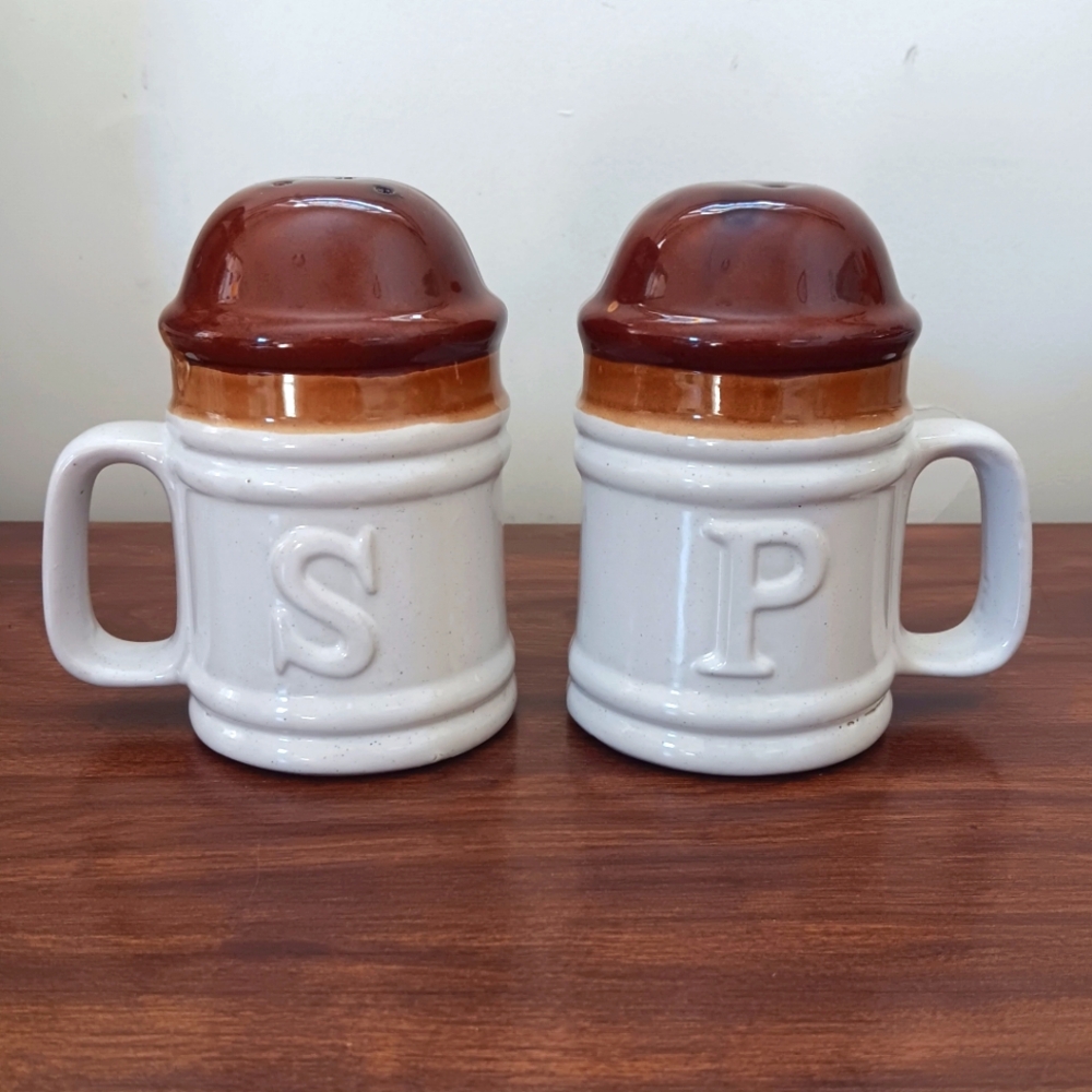 Vintage Ceramic Brown & White Glazed Salt & Pepper Shaker Set